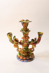 back of colorful sculptural ceramic candleholder / Candelabra